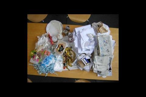 A quick check in the reception waste bin revealed drink cans, envelopes and junk mail, all of which could be recycled.